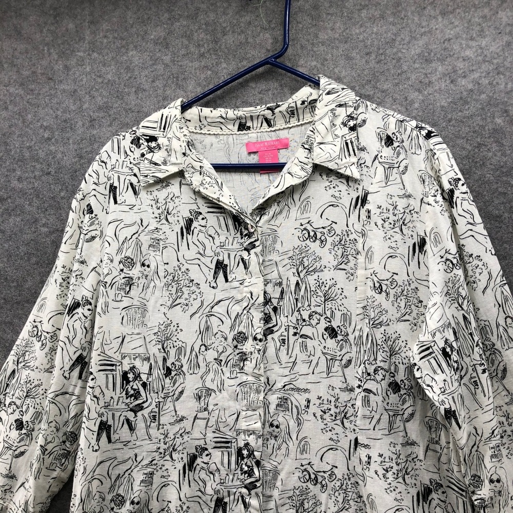 Isaac Mizrahi Toile Shirt Dress Womens XL White Black Cafe Print Linen Blend - Picture 3 of 9